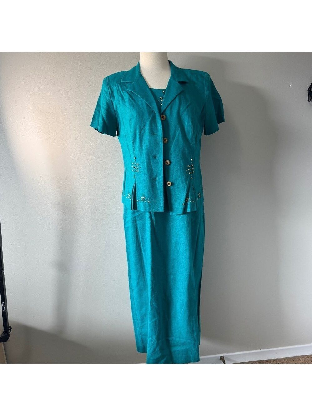 Sag Harbor vintage Turquoise Maxi Dress with Jacket linen 10P